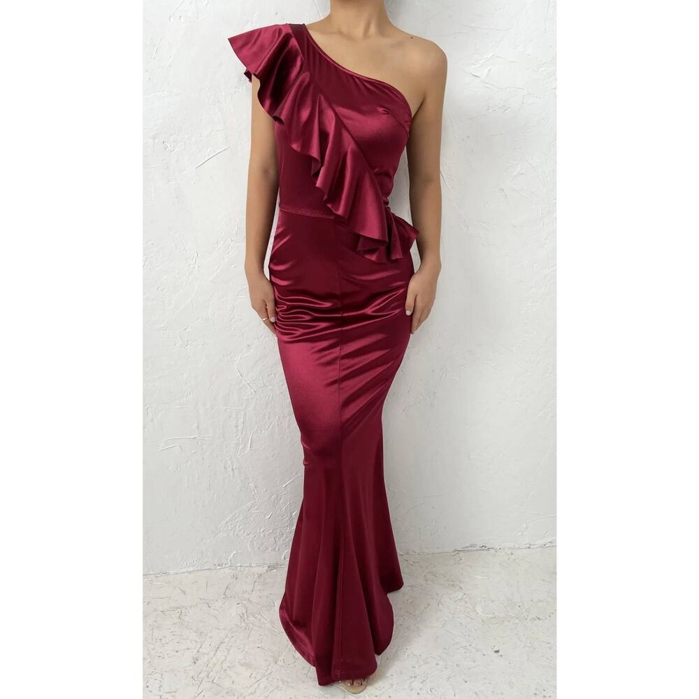 One-Shoulder Ruffle Trim Formal Long Sheath Evening Dress Wine Size XL